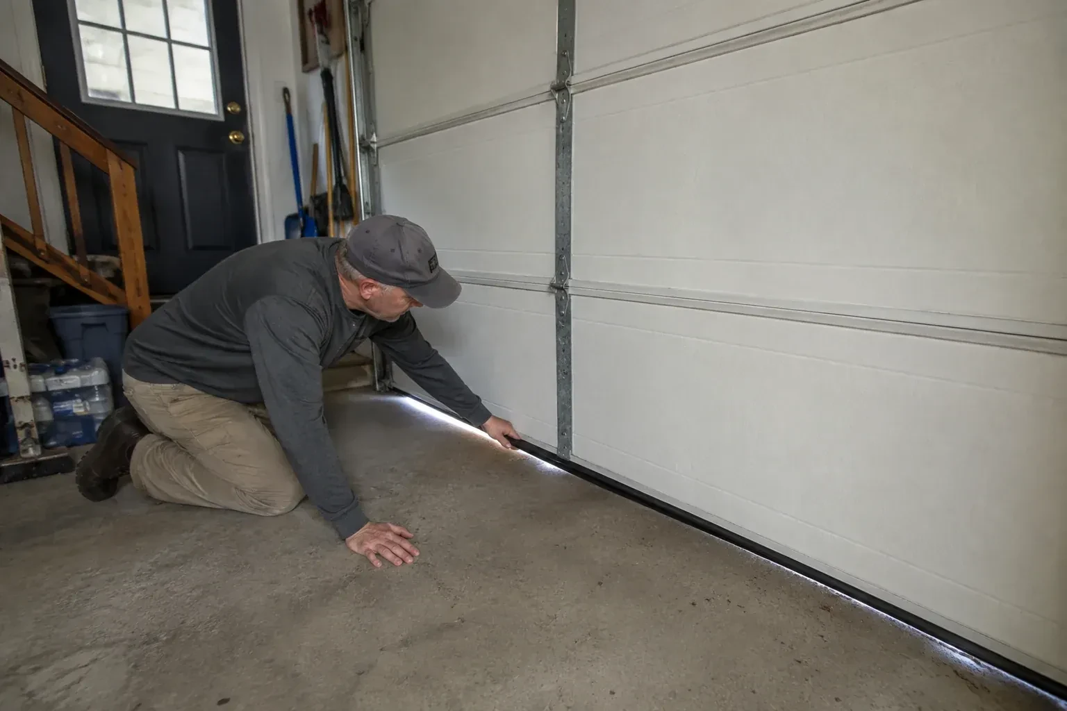 A person kneels beside the black bottom seal of a garage door, with daylight visible beneath the edge. — Garage Door Bottom Seal Replacement, Richmond Hill