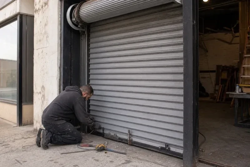 Person kneeling beside the bottom of a metal rolling door with tools on the ground — Commercial Rolling Door Repair, Richmond Hill