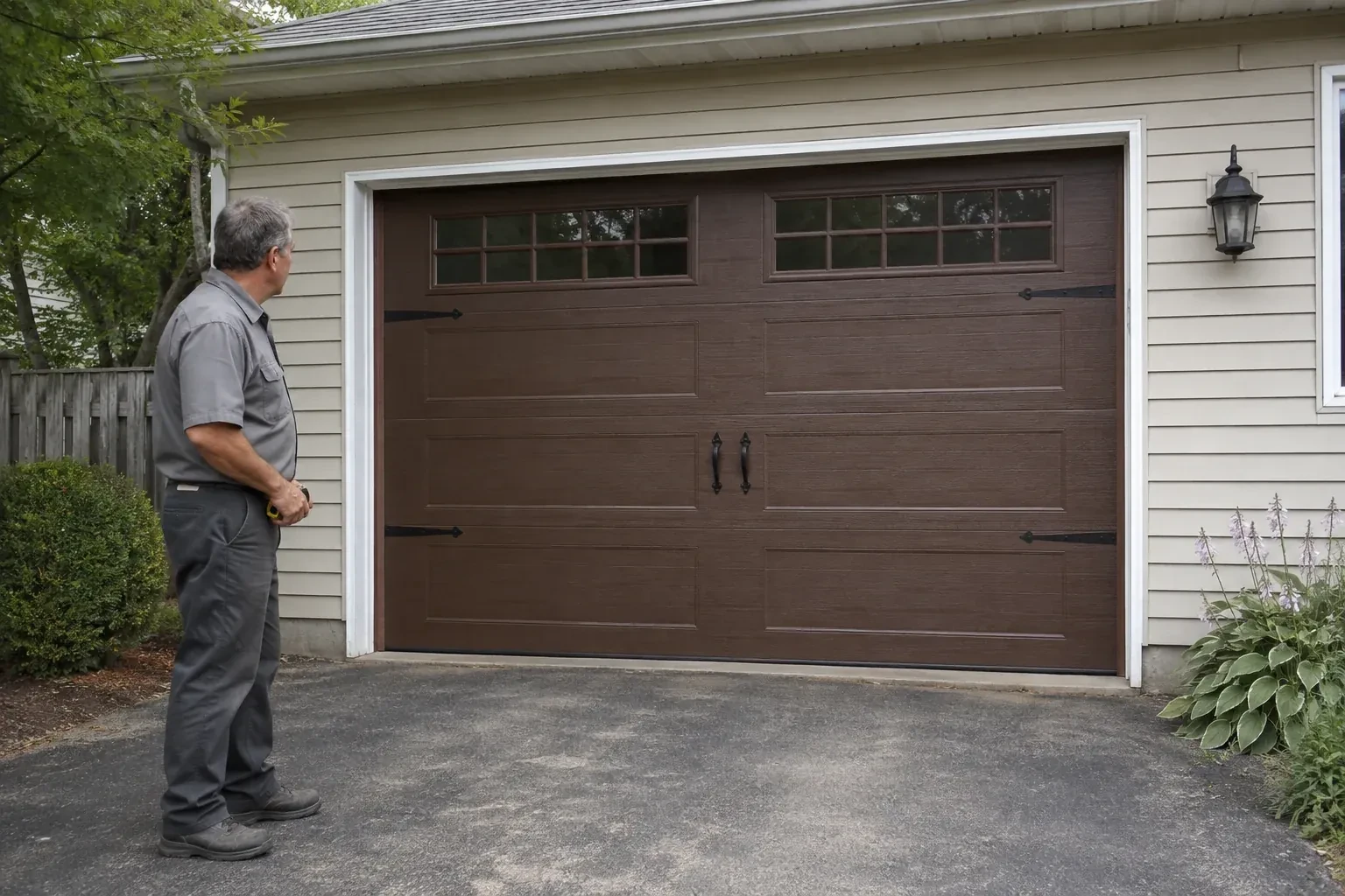 A person stands beside a closed brown garage door with upper windows and black decorative straps and handles. — Carriage-House Garage Door Installation, Richmond Hill