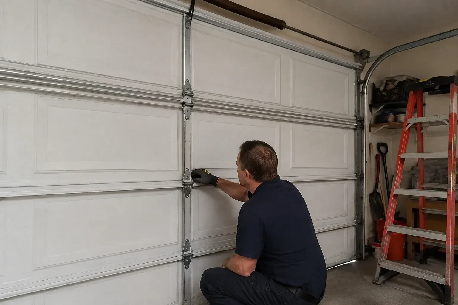 A person examines a central hinge joining two sections of a closed garage door. — Garage Door Hinge Replacement, Richmond Hill