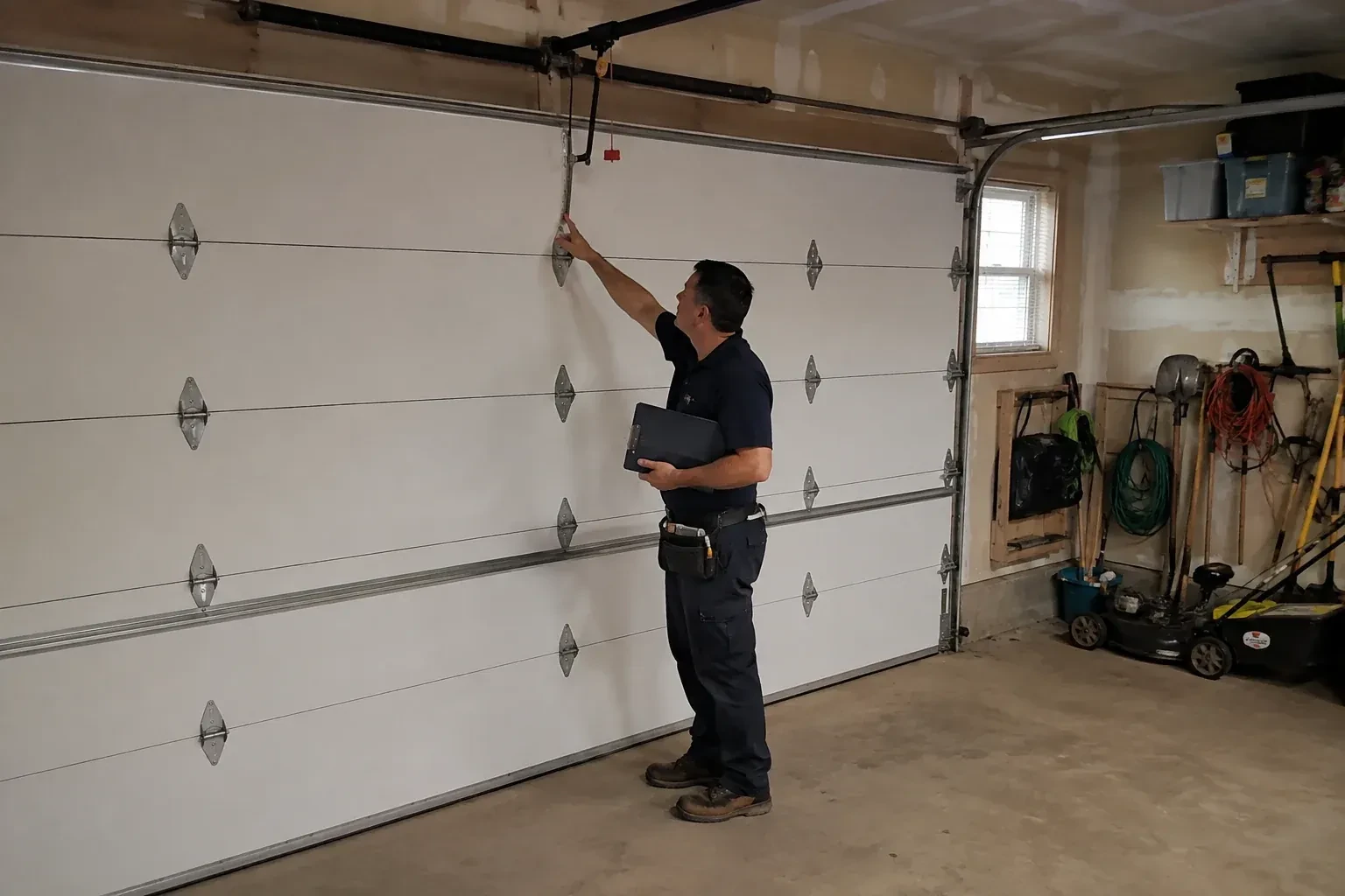 A person holding a clipboard examines the interior hardware of a closed garage door. — Garage Door Tune-Up, Richmond Hill