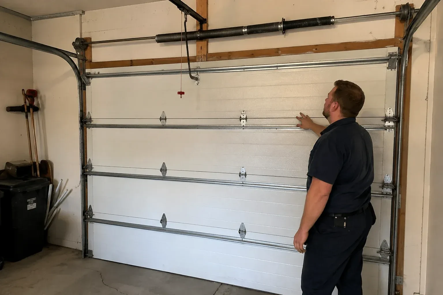 A person stands beside a closed sectional door beneath its overhead spring assembly. — Garage Door Balance Adjustment, Richmond Hill