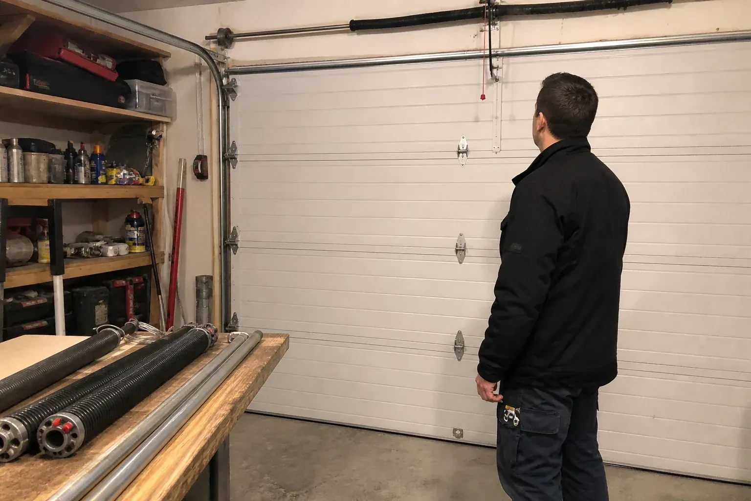Person in a jacket facing a closed white sectional door, with coiled springs and steel tubes on a wooden bench. — Extension Spring Replacement, Richmond Hill