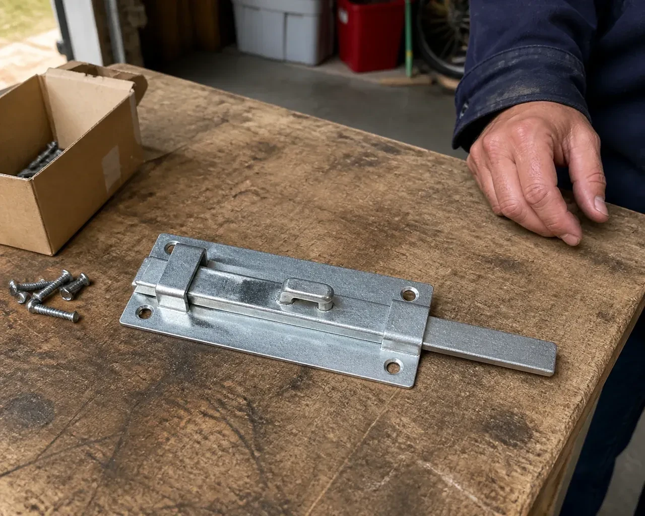A detached metal slide bolt with mounting holes and retaining guides rests beside screws on a workbench. — Garage Door Manual Lock Repair, Richmond Hill