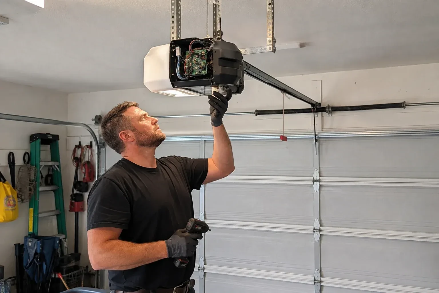 Gloved technician holding a drill and reaching up to an opener housing opened to show a green circuit board. — Belt-Drive Opener Repair, Richmond Hill