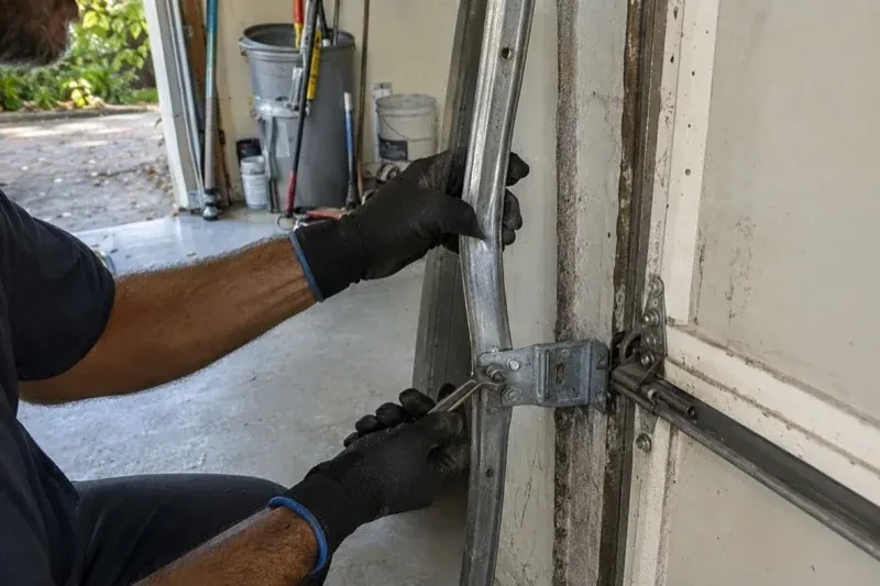 Gloved hands holding a vertical garage-door track and a wrench at its mounting bracket beside a door hinge. — Garage Door Track Repair or Replacement, Richmond Hill