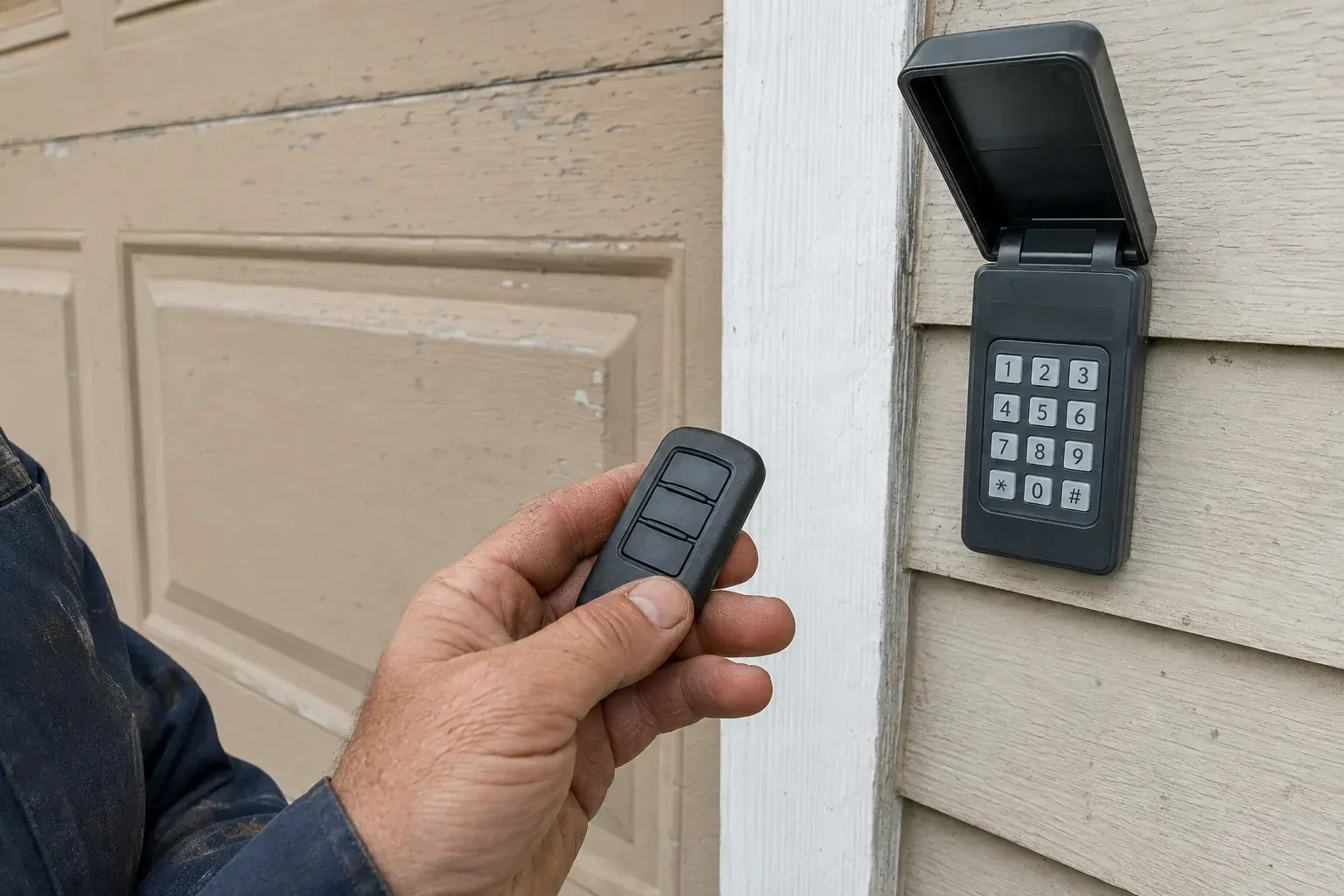 A hand holds a three-button remote beside an exterior garage keypad with its cover open. — Garage Door Remote and Keypad Programming, Richmond Hill