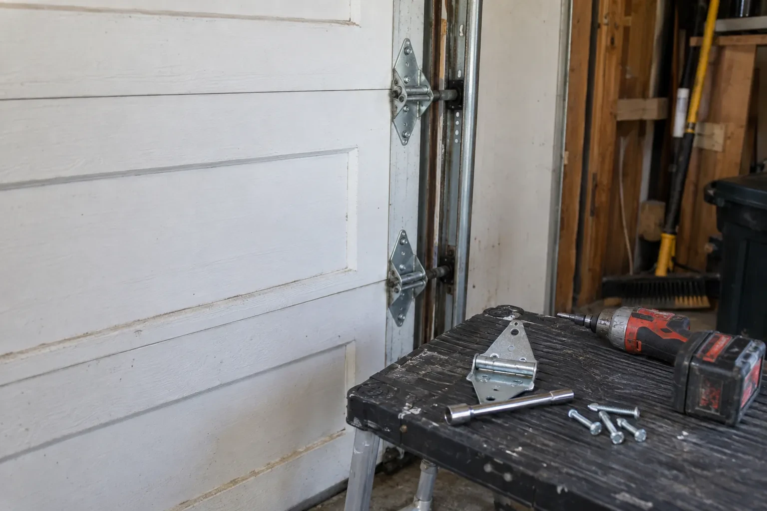 Two metal hinges on the edge of a white paneled door, with a spare hinge, screws and a drill on a bench.