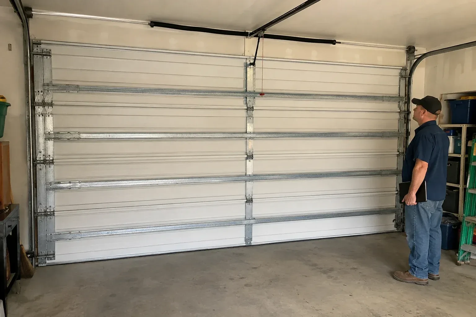A person examines horizontal metal reinforcement members across the interior of a closed garage door. — Wind-Rated Garage Door Replacement, Richmond Hill