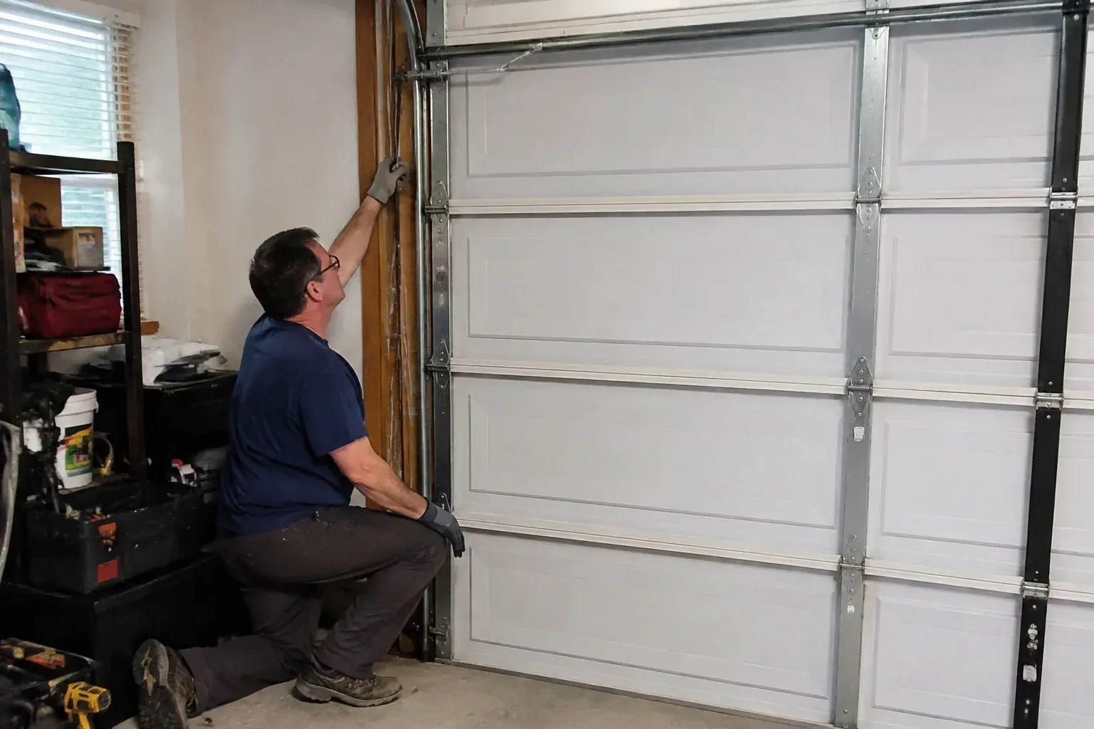 Person kneeling inside a garage reaching up along the vertical track of a white paneled door, with a toolbox and drill nearby. — Garage Door Cable Replacement, Richmond Hill