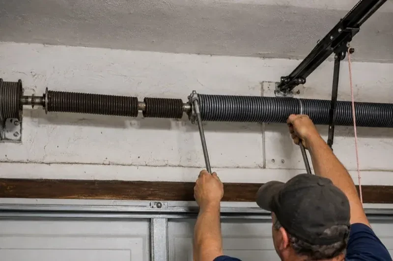 Person holding metal bars beside exposed coiled springs above a garage door. — Torsion Spring Replacement, Richmond Hill