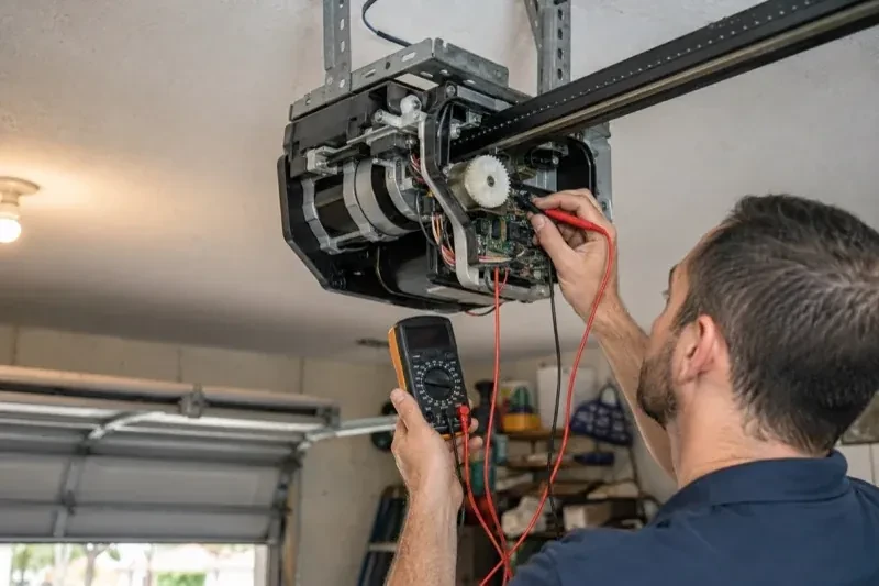 Person holding a multimeter and a red probe near the exposed circuit board of an overhead garage-door opener. — Garage Door Opener Diagnosis and Repair, Richmond Hill