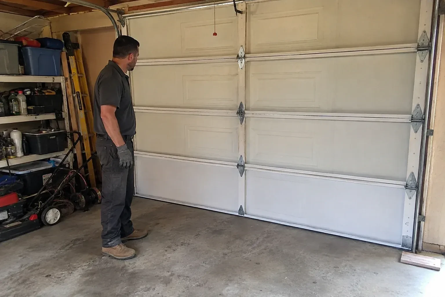 A person examines the interior panels and hinges of a closed sectional garage door. — Garage Door Panel Replacement, Richmond Hill