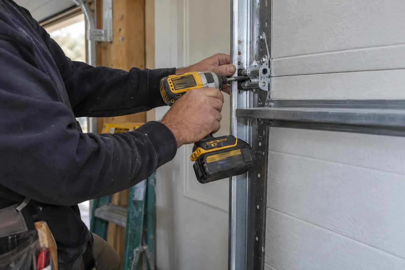 Hands driving a screw with a yellow cordless impact driver into a perforated steel track beside a white garage door panel.