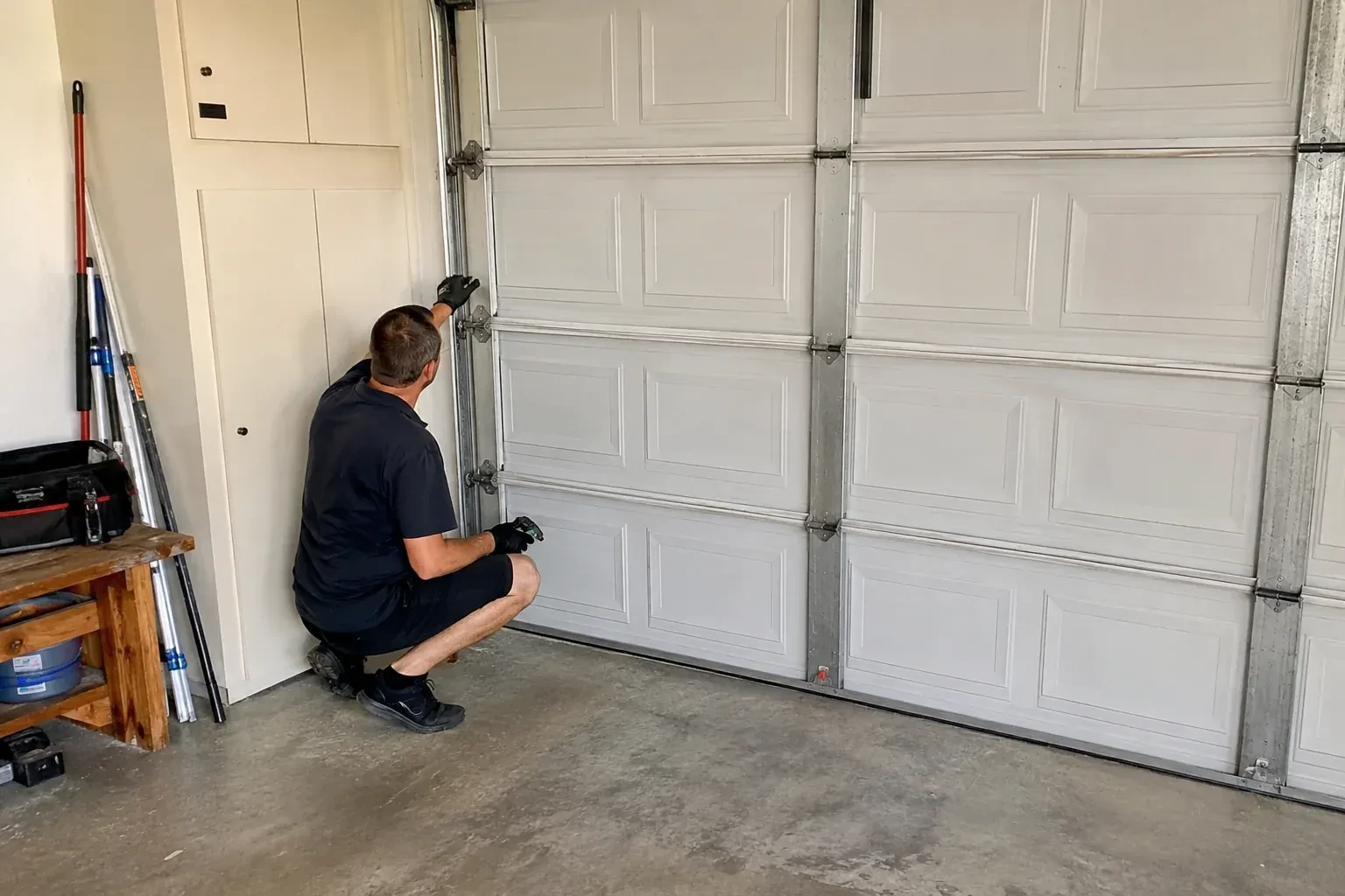 A person kneels beside the side track and hinges of a closed sectional garage door. — Garage Door Safety Inspection, Richmond Hill