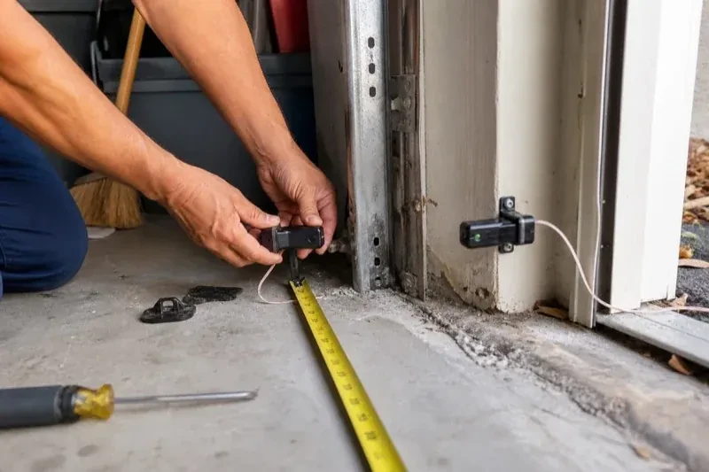 Hands holding a small wired device beside another mounted device and a tape measure at a garage-door opening — Photo-Eye Sensor Alignment or Replacement, Richmond Hill