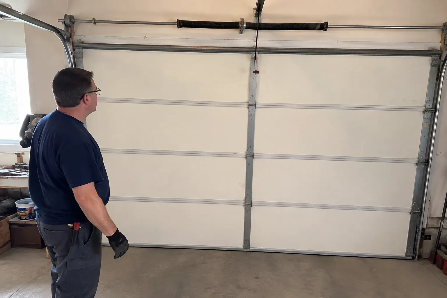 Person in a dark shirt standing before a closed cream sectional door, looking up at a coiled spring and red-tipped cord. — Off-Track Garage Door Reset, Richmond Hill