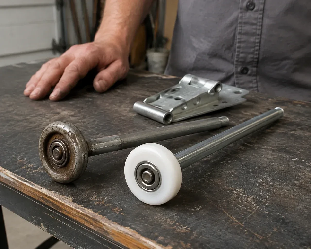 Steel and nylon garage-door rollers with long stems lie beside a detached hinge on a workbench. — Garage Door Roller Replacement, Richmond Hill