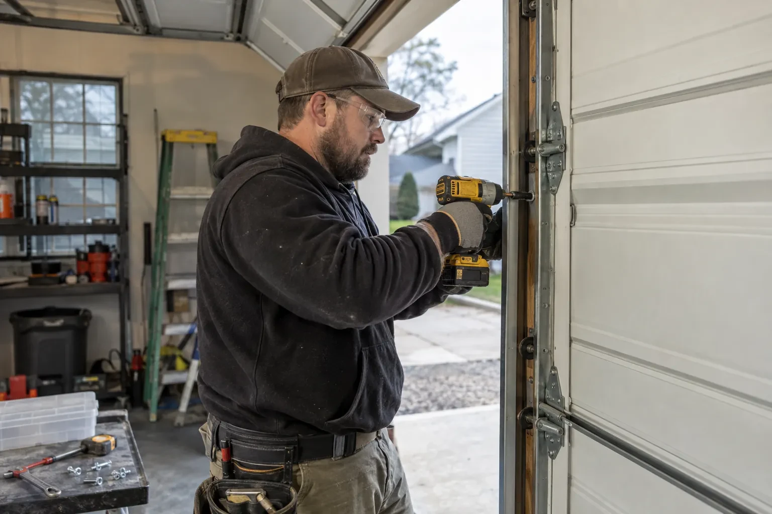 Technician in a brown cap driving a screw into a vertical door track with a yellow cordless drill, beside a workbench.