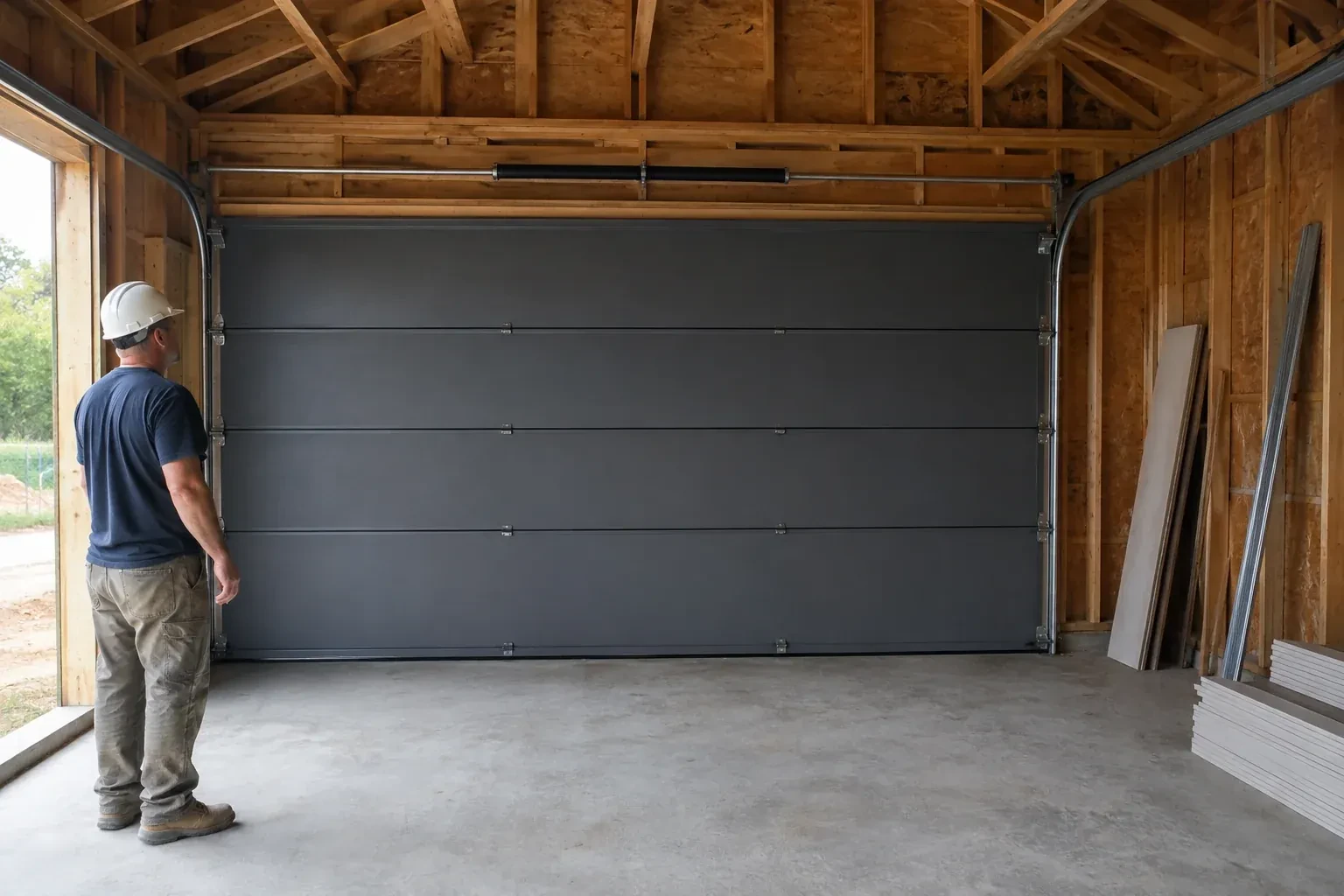 A person wearing a hard hat stands beside a dark sectional door in an unfinished timber-framed garage. — New-Construction Garage Door Installation, Richmond Hill